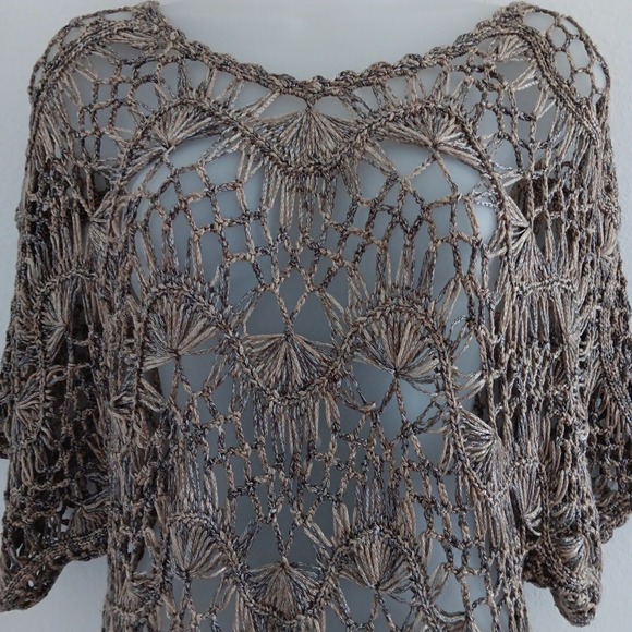 Dress Barn Croched Open Knit Sweater Tunic Womens Large Beige‎ Sheen Boho Travel - Picture 2 of 12